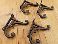 4 Brown Rustic Coat Hooks Antique Style Cast Iron 4.5" Wall Double Restoration