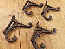 4 BROWN RUSTIC COAT HOOKS ANTIQUE STYLE CAST IRON 4.5" WALL DOUBLE RESTORATION !