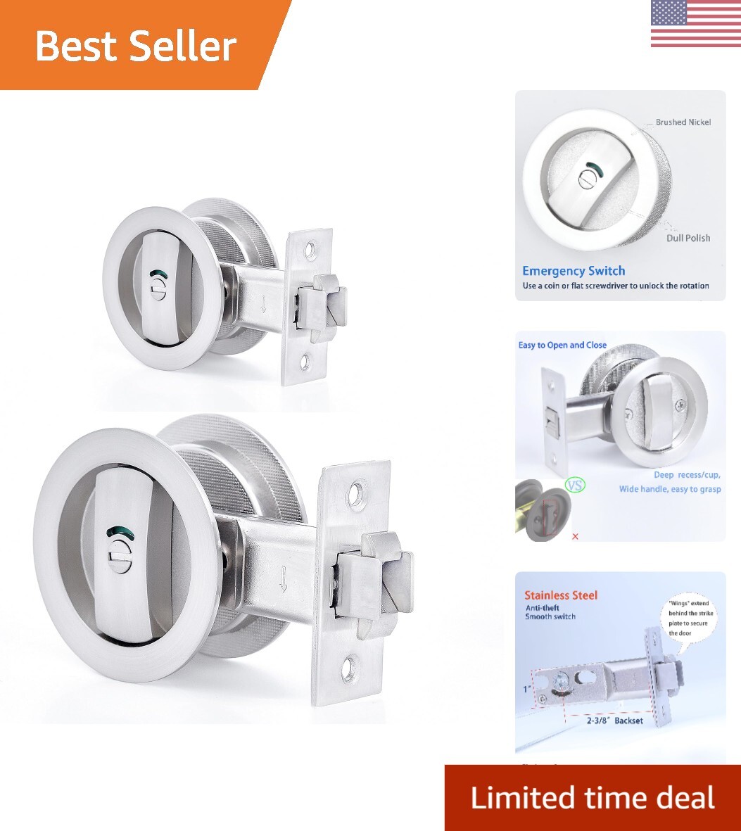 Pocket Door Lock, Color Coded Indicators, Privacy Bed/Bath Handles Latch, 2-3...