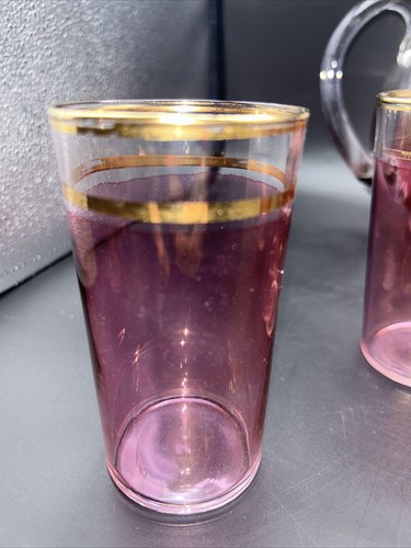 Macbeth Evans cranberry stain glass Gold Pitcher With 4  matching glasses - Picture 8 of 9