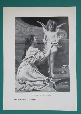 #ad CUPID Amor w Bow Nymph Drinking Water at Well 1907 Print $10.00