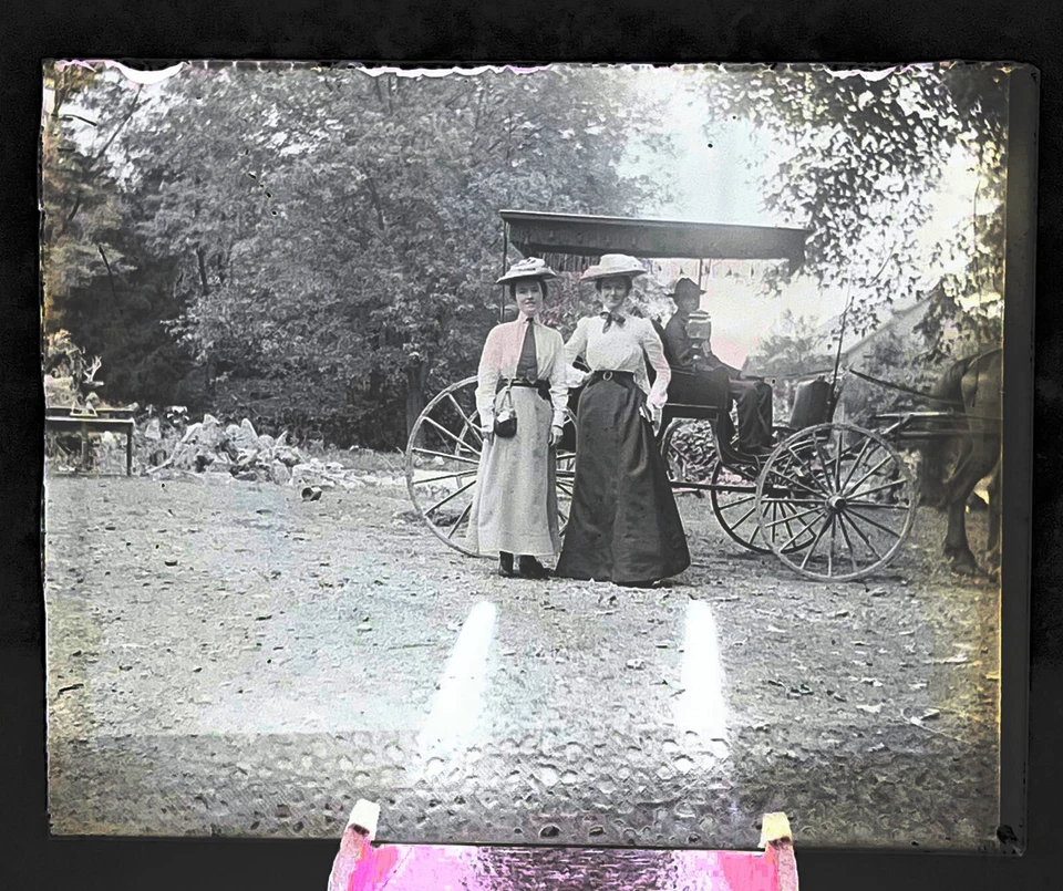GLASS PLATE NEGATIVE 2 Ladies Wearing Fancy Hats Horse Carriage and Coachman - Image 2 of 2