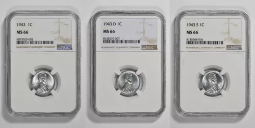 1943 P D S 1C Lincoln Steel Wheat Cent NGC MS 66 Three Coin Lot