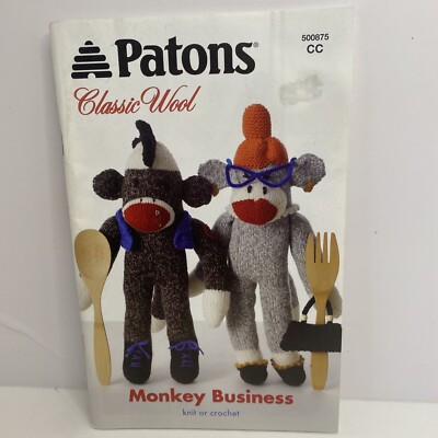 Patons Knit Crochet Pattern Book Monkey Business - Sock Monkeys Lion Elephant