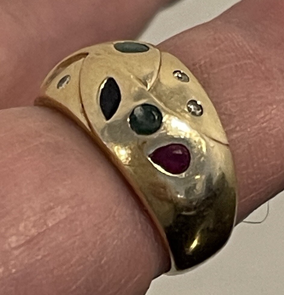 14K Solid Yellow Gold Diamond Ruby Emerald Sapphi… - image 9