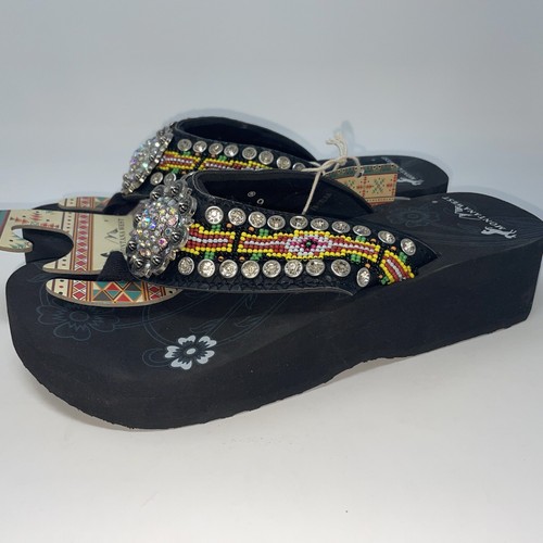 Montana West Wedge Flip Flops Women Size 9 Western Aztec Rhinestone Beads yellow - 第 3/7 張圖片