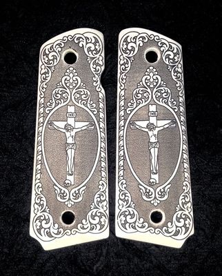 1911 custom ivory scrimshaw grips Christian Cross Jesus Crucifix