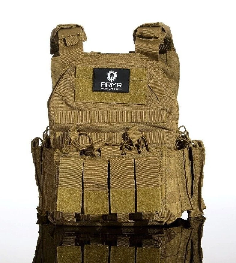ARMR UNLMTD Tactical Vest Plate Carrier w/(2) 10 x12 Lvl 3+AR500 plates- trauma pads-pouches
