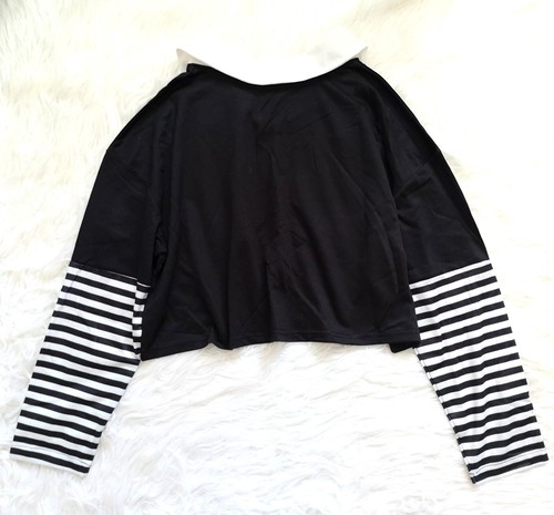 NEW ROMWE Women's Goth Punk Black Striped Sleeves Mushrooms Print Crop Top M - Picture 8 of 9