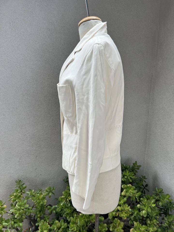 Chaqueta de Cuero Por Donna Karan Colección Marfil Piel de Cordero Blazer Talla 10 Foto 2 de 4