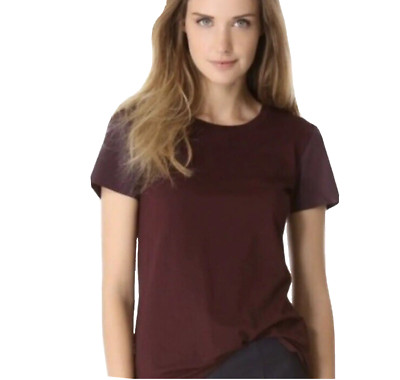 Theory Womens P Wine Leather Sleeve Tee Crew Neck Short Sleeve Designer Red Top