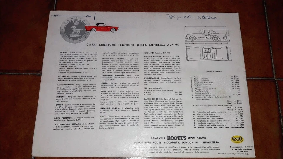 BROCHURE DEPLIANT ADVERTISEMENT SUNBEAM ALPINE MOTORE 1.6 ITALIANO 1960 - Immagine 2 di 3