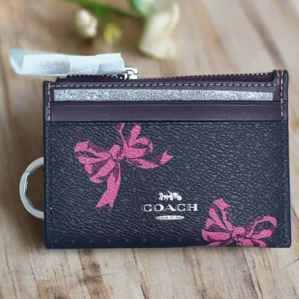 Coach Mini Skinny ID Red Bow Card Case Womens Keyring Canvas CZ460