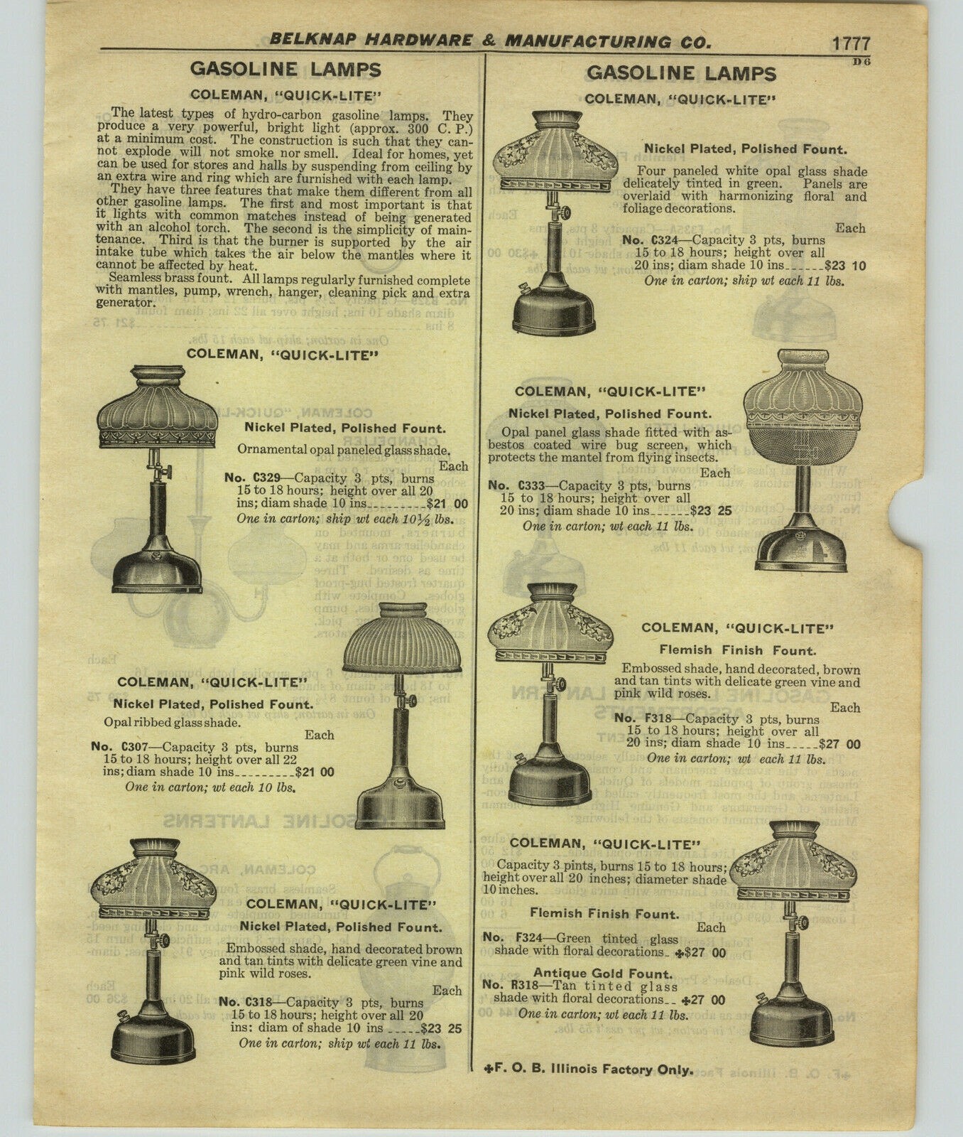 1927 PAPER AD 4 PG Coleman Quick Lite Gasoline Gas Lamp Arc Light Lantern Repair