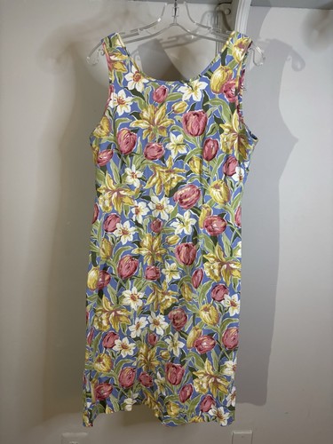 VTG LAURA ASHLEY Blue Pink Floral Tank Sheath Dress 12 Tulips Daffodils