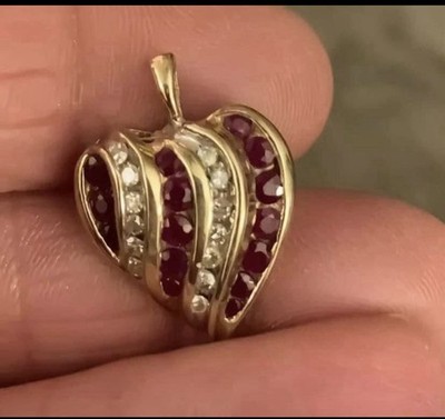 Vintage 10 K Ruby And Diamond Heart Pendant Signed ADL
