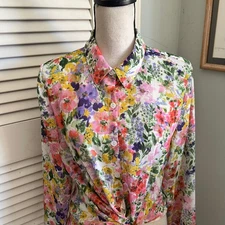 Norm Thompson Top Womens Medium Floral Button Down Tunic Feminine Garden Party