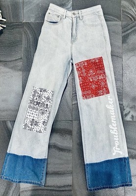 Light Wash Denim Flared Leg High Waist Patchwork Paisley Troublemaker Jeans