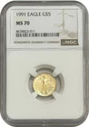 1991 1/10 American Gold Eagle $5 Coin NGC MS70