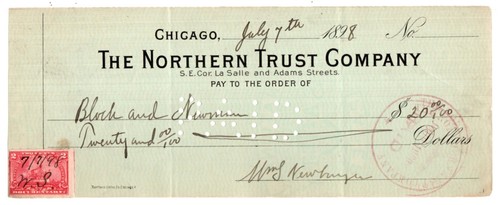 1898 CHICAGO IL NORTHERN TRUST BANK CHECK 2¢ DOC STAMP