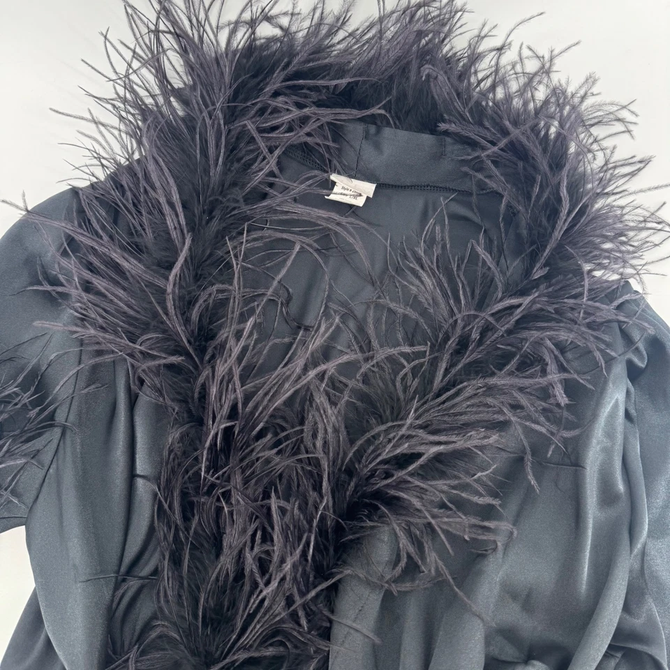 Shirley of Hollywood Negro Pluma Recortada Satén Bata Camisón L XL Glam Drag Foto 3 de 4