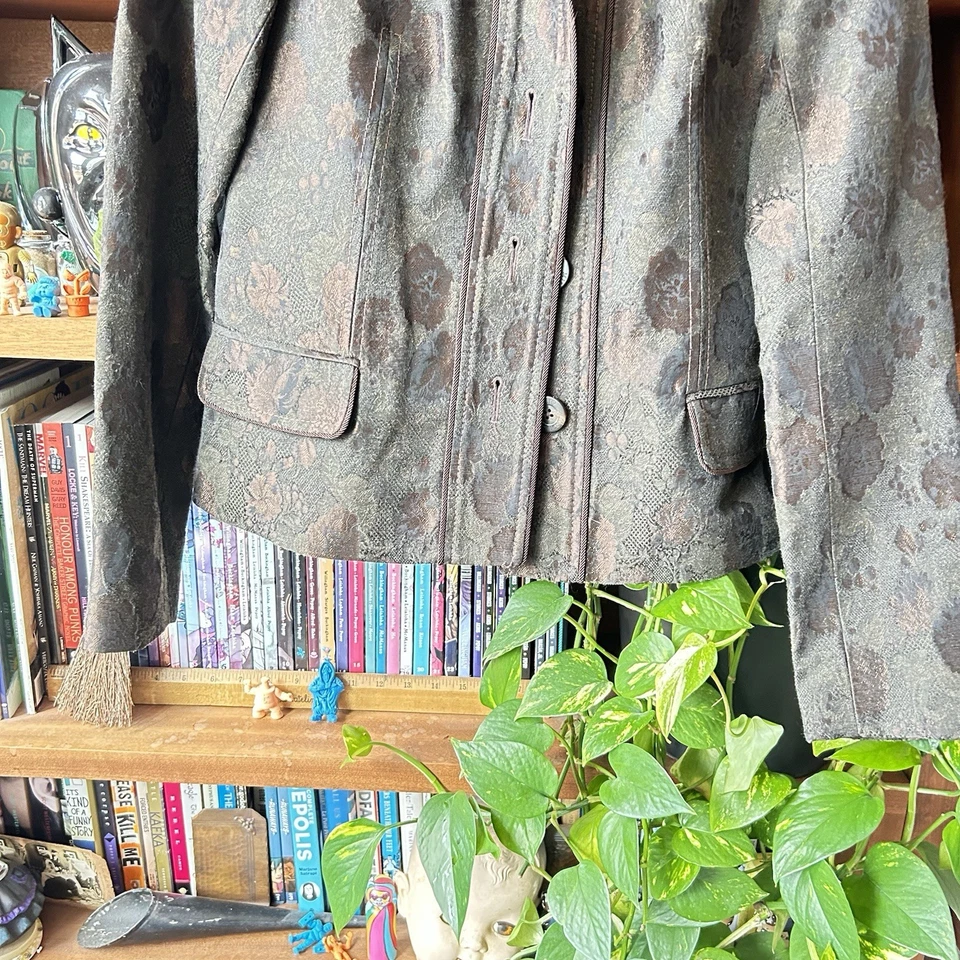 Abrigo Blazer Badgley Mischka Jacquard Marrón Floral Y2K Foto 4 de 4