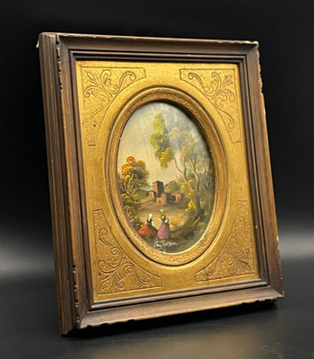 Antique 19th Century Oil Painting Board Miniature Landscape Signed Van Gossen 