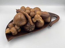 Vintage Carved Wood Fruit Bowl Tray 11 Pc MCM Mid Century Wooden Centerpiece Set