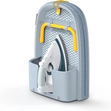 Pocket-sized folding desktop ironing board with iron holder and wall mount.