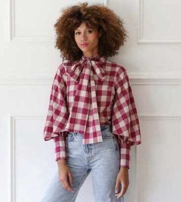 MILLE gigi long sleeve tight neck, blouse top in raspberry plaid size XS