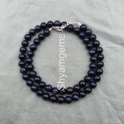 Blue Goldstone Necklace 8mm, Sparkly Gemstone Beaded Necklace, Midnight Blue
