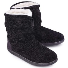 Chenille Knit Bootie Slippers for Women Plush Memory Foam Large Black