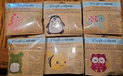 6 Pack CRAFTER'S SQUARE DIY CROCHET KIT Owl Bee Penguin Frog Dinosaur Turtle New