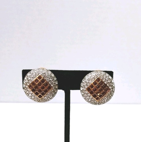 Vintage Swarovski Swan Gold Plated Crystal Pink Pave Dome Circle Clip Earrings - Picture 3 of 9