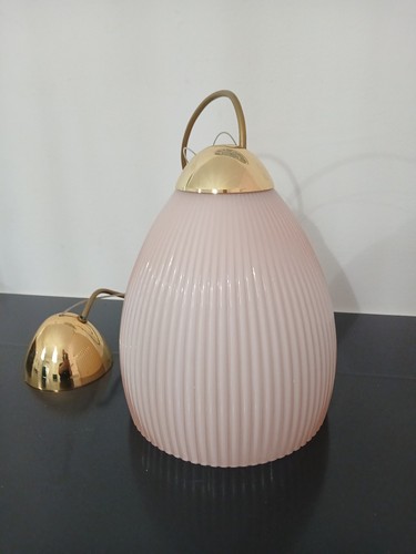 Murano Glass Pendant Lamp Pink Ribbed Mid Century Modern Italy H25cm