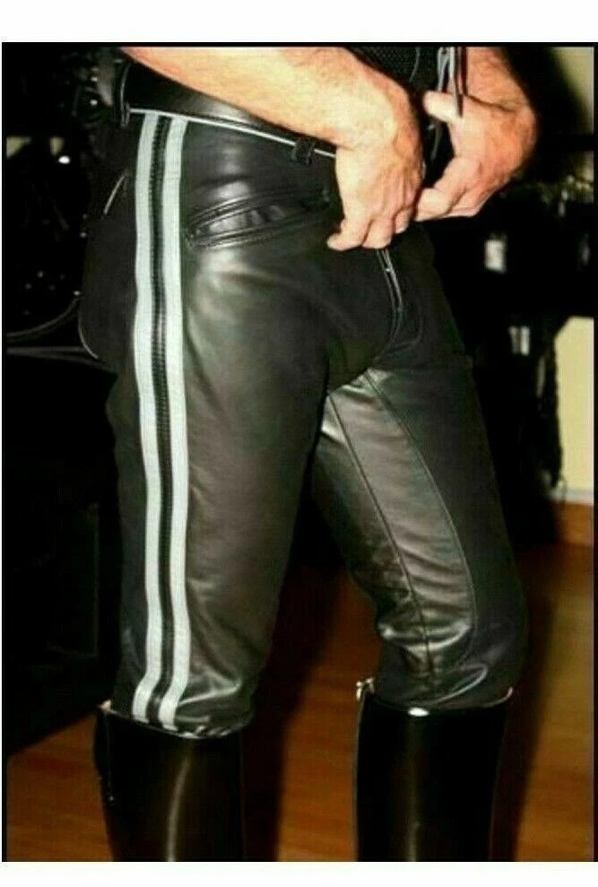 Men's Real Leather pant Motorcycle Black and White Side Up Pant