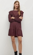 Mango Women's Burgundy Shift Mini Dress Crew Neck Ruffle Puff Sleeve M