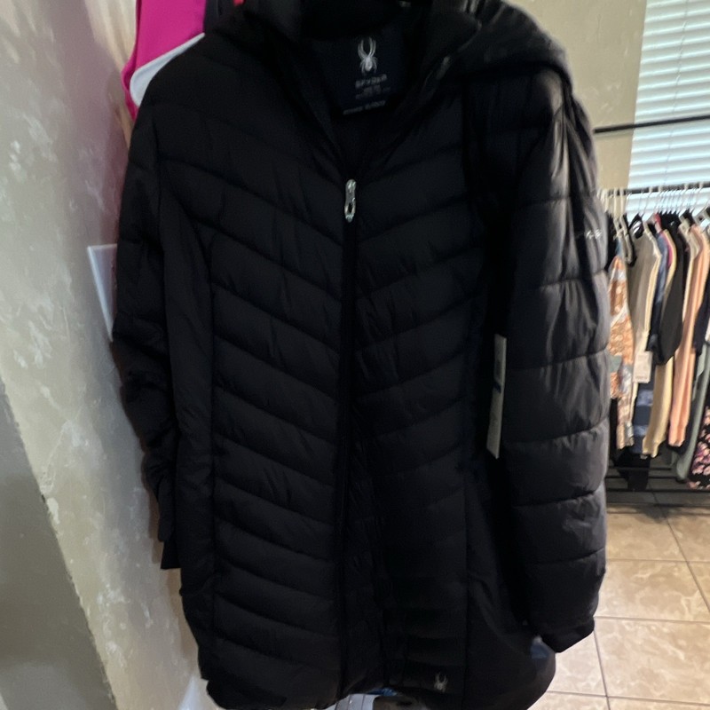 Spyder Women’s Black Hooded Puffer Jacket Full Zip Pockets Mid-Length XL