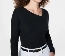 SPANX Asymmetric Neck Rib T-Shirt Classic Black sz XS 20990R Layering NWT