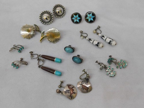 Lot of 9 Pairs of Sterling Silver Screw Back Earrings, Native American Mexico