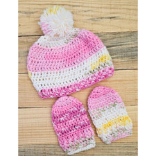 Handmade Crochet Baby Hat Beanie Pompom Cap  Mittens Baby Shower Christmas Gift