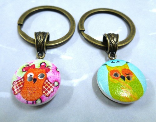 2 Owl Button Keyrings Car Travel Accessory Birds Bronze Keychains Couples Gift - Picture 5 of 7