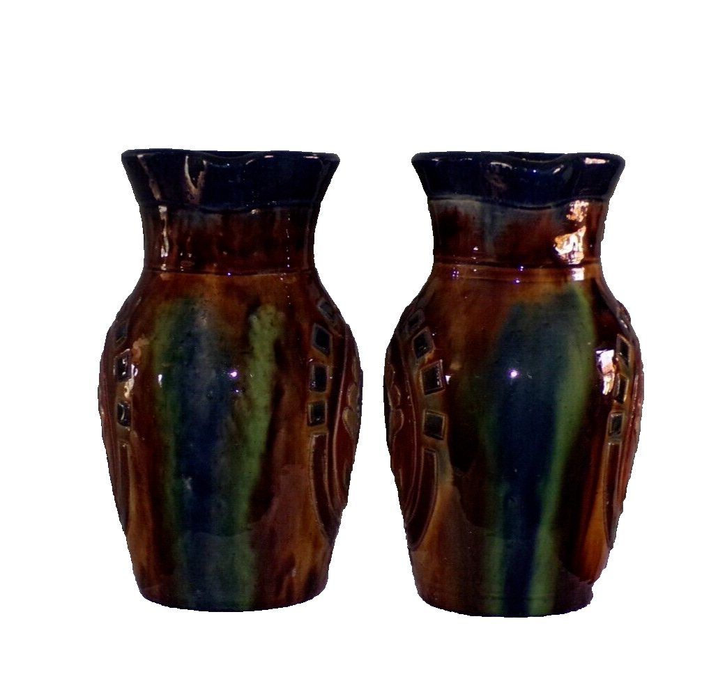 Decorative Pair Vintage Majolica Jugs / Vases 21.5 cm Ornamental