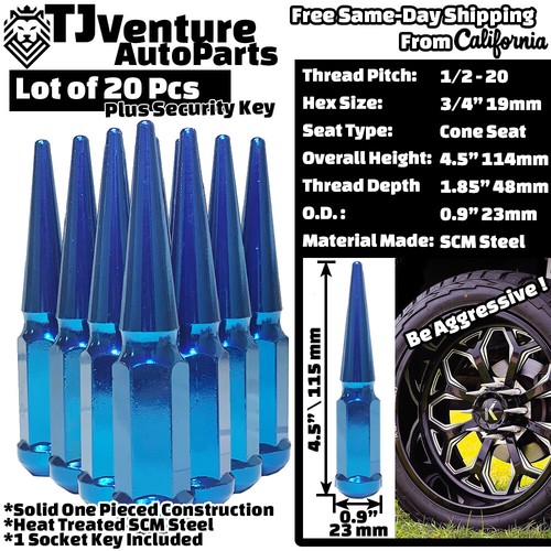 20Pc Blue 4.5" Tall 1/2-20 Solid Spike Lug Nut +Key Fit Dodge Jeep Jaguar GMC - Picture 2 of 3