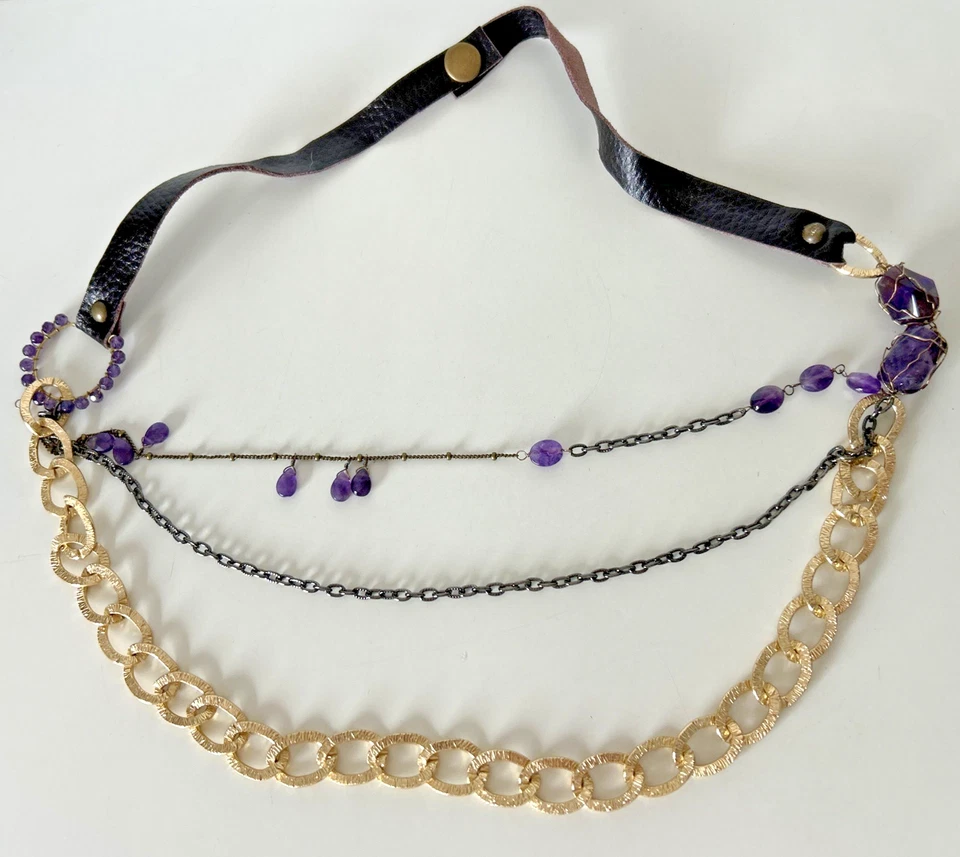 Wire Wrapped Amethyst Chain Leather Necklace Brutalist 29” - Image 2 of 4