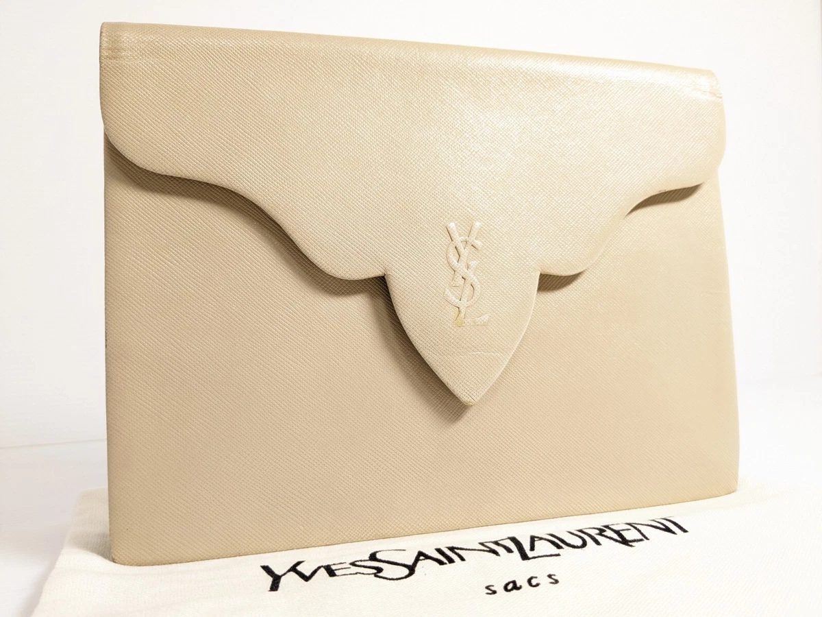 Yves Saint Laurent Beige Clutch Bag Second YSL Logo Leather With Dust Bag