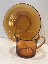 1970’s 4 Sets Duralex France Amber Glass Demitasse Expresso Cups & Saucers 2 Oz