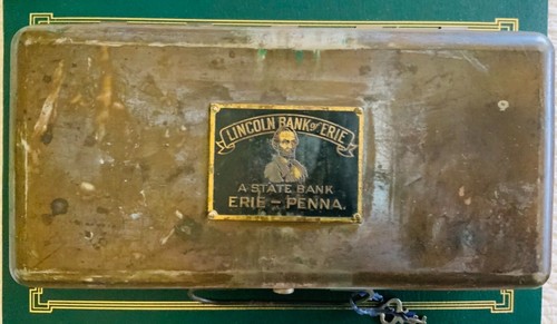 Antique LINCOLN BANK of ERIE a STATE BANK ERIE-PENNA.Metal Paper/Money Box - Picture 2 of 8