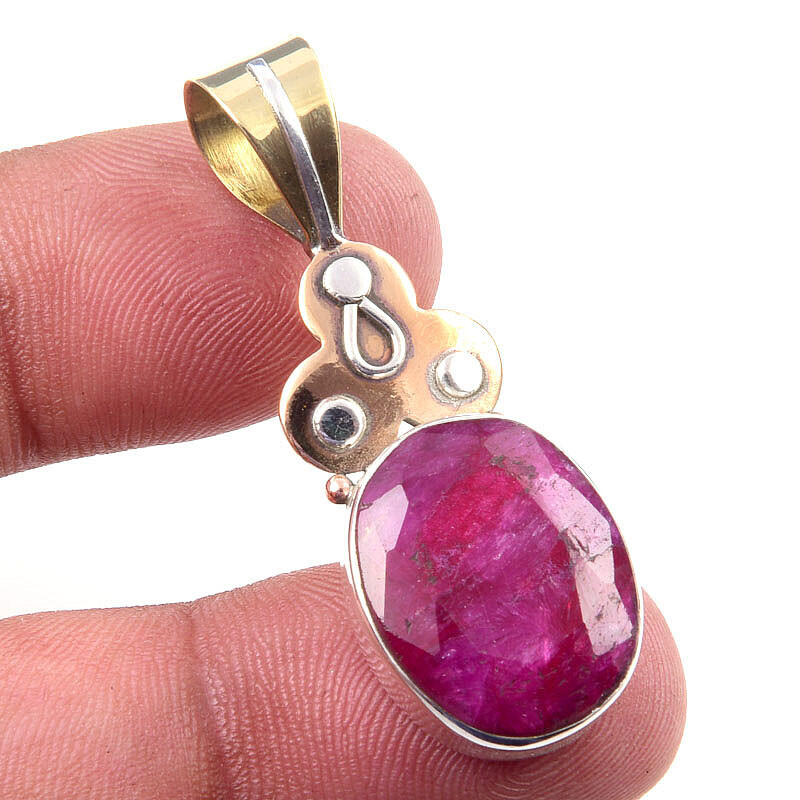 Red Ruby(Simulated) Handmade 925 Sterling Silver Two Tone Pendant 1.75