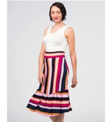 New Agnes & Dora Pink Multi Vertical Stripe Boho Ruffle Midi Skirt Size L 12-14